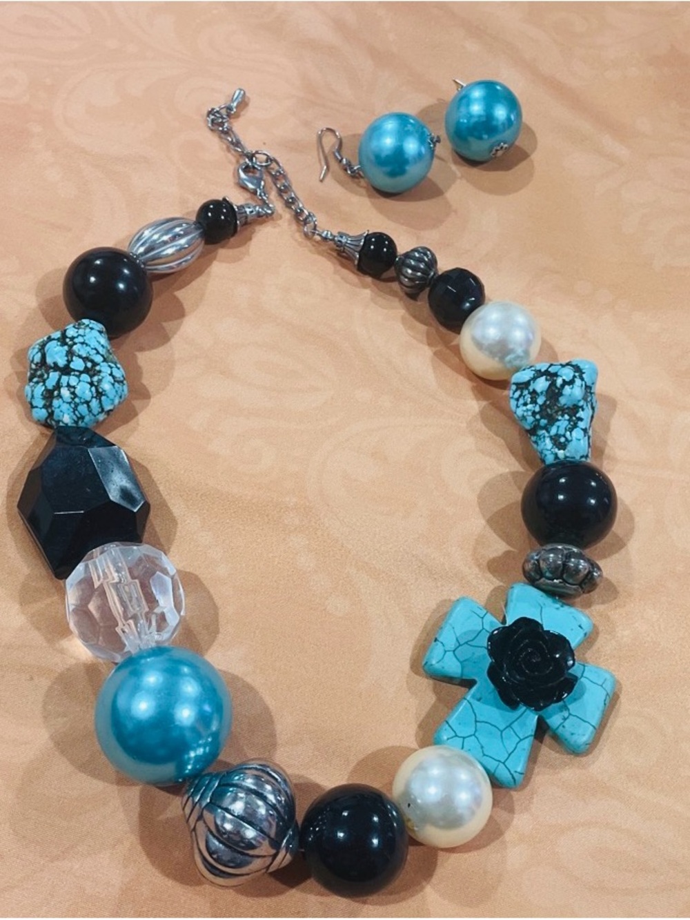 Turquoise & Black Beaded Statement Necklace with Matching Earrings